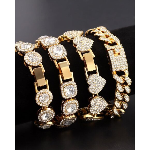 4PCS Gold & Silver Bracelets for Women Tennis Heart Cuban Layered Set Tennis - Picture 6 of 7